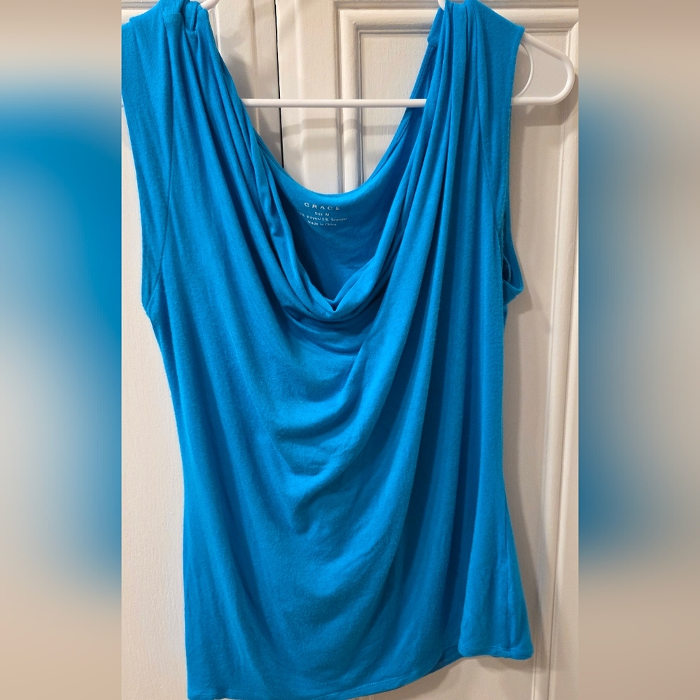 Grace Women's Turquoise Draped Neckline Sleeveless Top ~ Size Medium - Picture 2 of 9